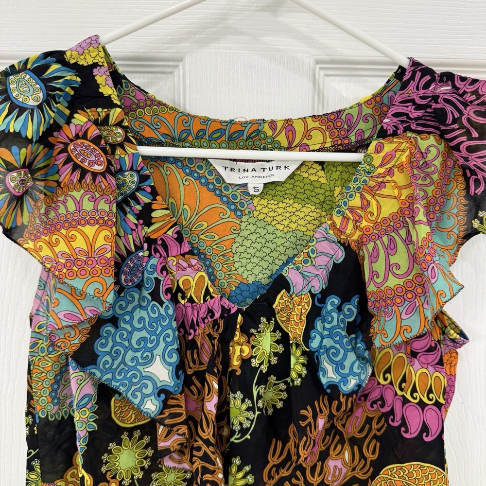 Trina Turk Multicolor Silk‎ Ruffle V Neck Top Size Small